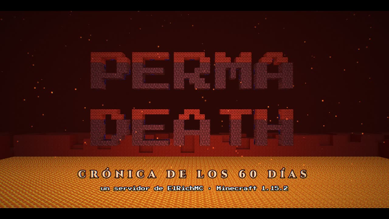 Título 3D: PERMA / DEATH hecho de bloques, sobre la lava